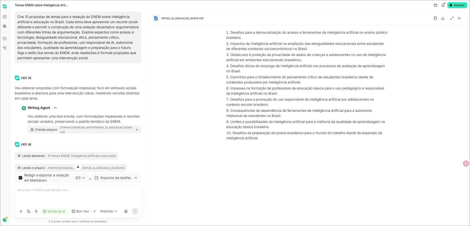 Gerar temas de redação ENEM com IA