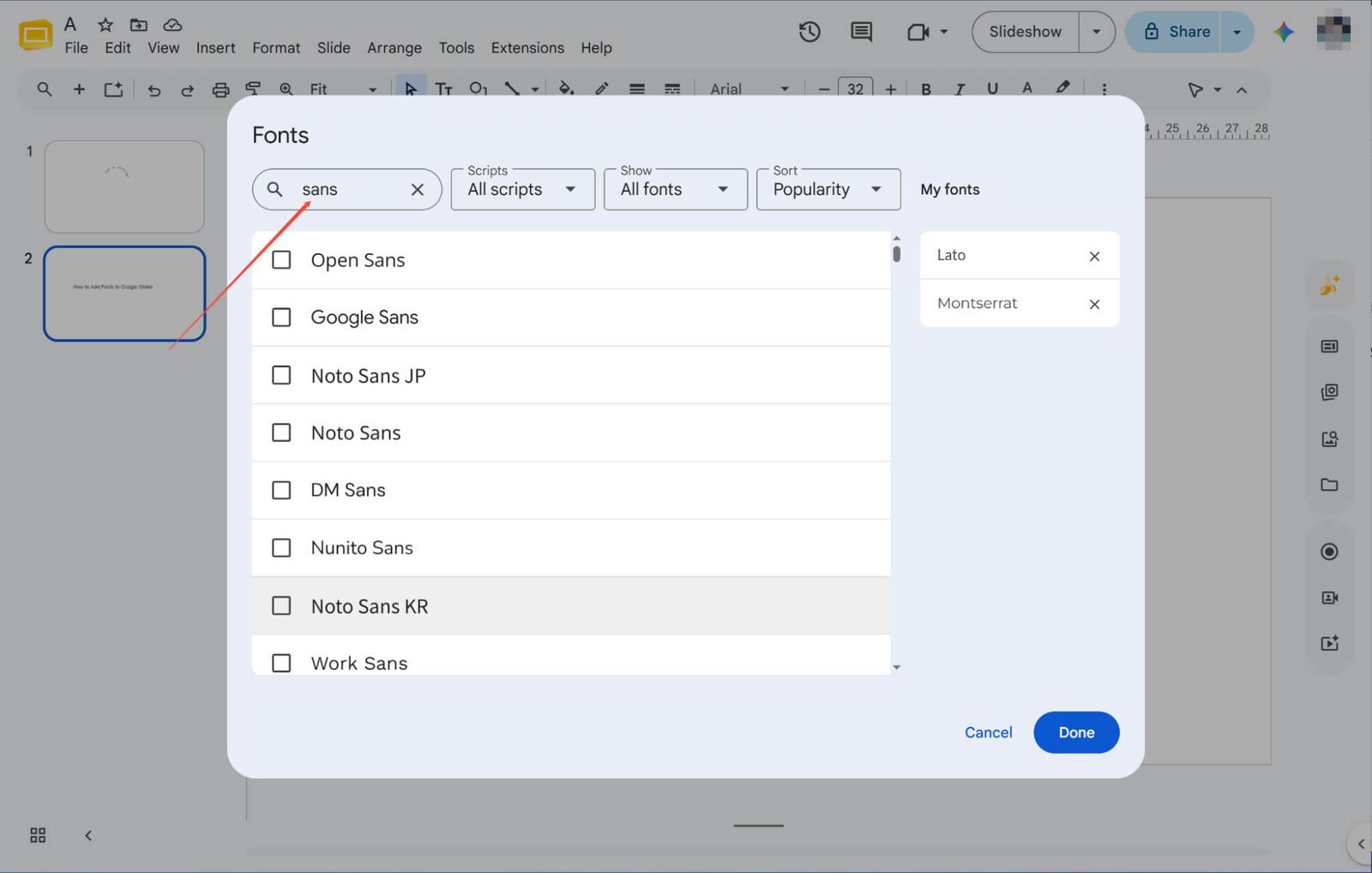 searching selecting fonts